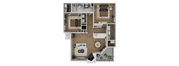A top-down view of a small apartment with a kitchen, living room, and bedroom.