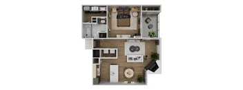 A top-down view of a small apartment with a bedroom, living room, and kitchen.