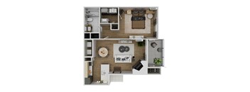 A top-down view of a small apartment with a kitchen, living room, and bathroom.