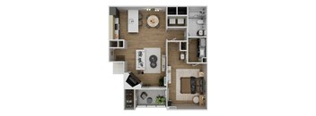 A top-down view of a small apartment with a kitchen, living room, and bathroom.