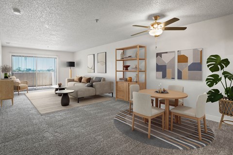 A living room with a grey carpet and wooden furniture.