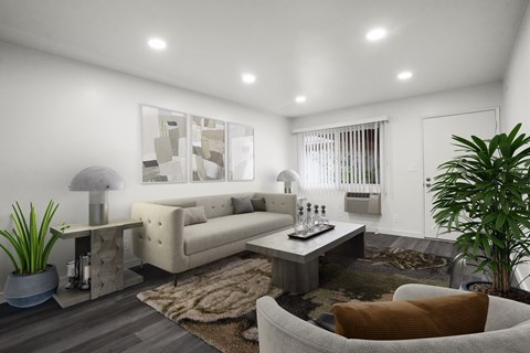 A modern living room with a white sofa, a grey armchair, a coffee table, and a rug.