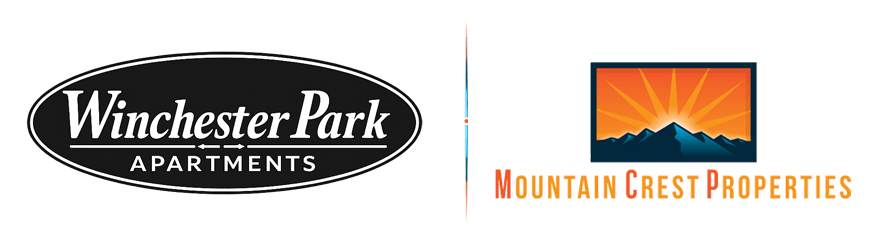 The image shows a logo for Winchester Park Apartments on the left and an abstract mountain landscape with a sunset on the right.