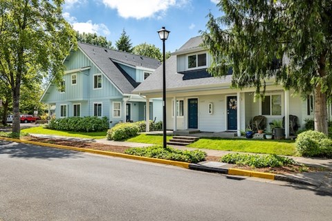 A street view of a residential area with houses and trees.