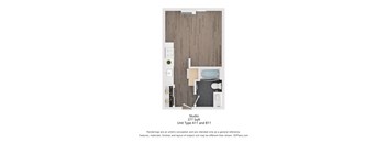 A 3D floor plan of a studio apartment with a kitchenette and a bed.