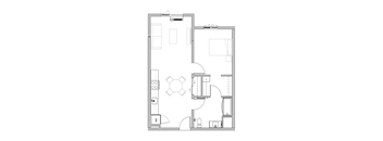 A floor plan of a house with a kitchen, living room, dining room, and bathroom.