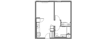 A black and white floor plan of a house with a kitchen, living room, and bathroom.