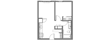 A floor plan of a house with a kitchen, living room, and bathroom.