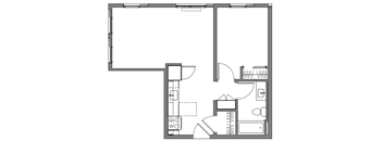 A floor plan of a building with a kitchen, living room, and bathroom.
