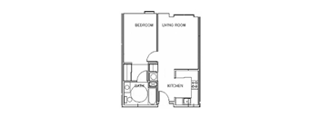 A floor plan of a small apartment with a bedroom, living room, kitchen, and bathroom.