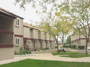 a row of houses with a courtyard and a picnic table