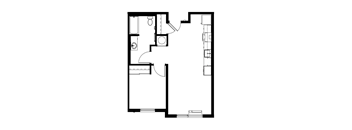 A black and white image of a floor plan with a kitchen, living room, and bathroom.