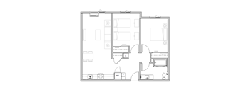 A floor plan of a house with a kitchen, living room, and bathroom.