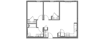 A black and white architectural floor plan with various rooms and structures.