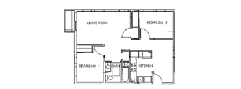 A floor plan of a small apartment with one bedroom, a living room, and a kitchen.