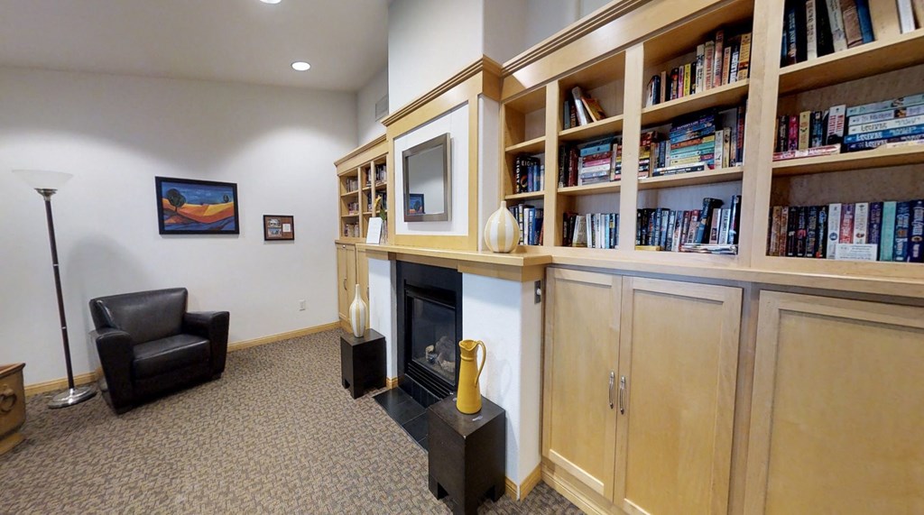 a living room with a fireplace and bookshelves