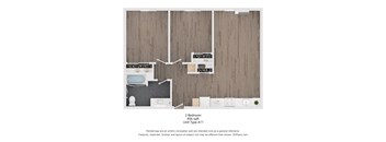 A bedroom layout with a bed, desk, and shelves.