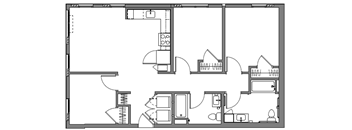 A black and white floor plan of a house with a kitchen, living room, and bathroom.