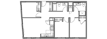 A floor plan of a house with a kitchen, living room, and two bedrooms.