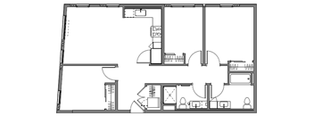 A black and white floor plan of a house with a kitchen, living room, dining room, and two bedrooms.