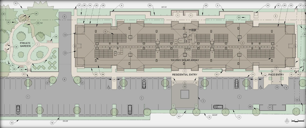 A floor plan of a building with a large central rectangle labeled as "100 SOLAR ARRAY".