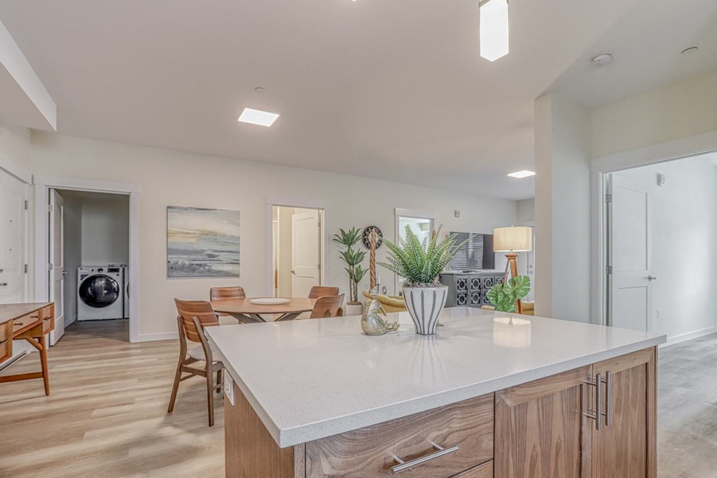 a kitchen and living room with a table and chairs and a washer and dryer in