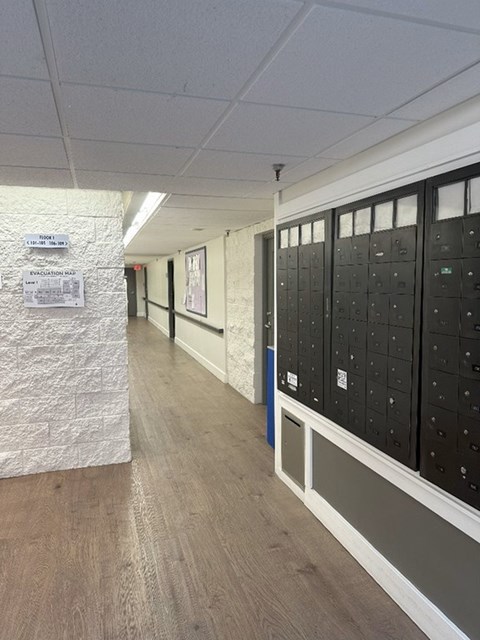 A long hallway with a wall of lockers on the right and a white wall on the left.