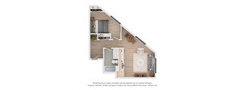 A 3D floor plan of a house with a kitchen, living room, and bathroom.