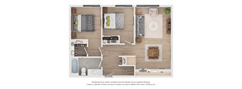 A 3D floor plan of a house with a kitchen, living room, and bathroom.