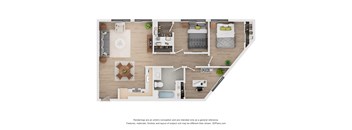 A floor plan of a house with a kitchen, living room, and two bedrooms.