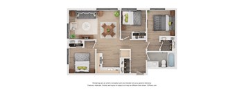 A floor plan of a house with a kitchen, living room, dining room, and bathroom.