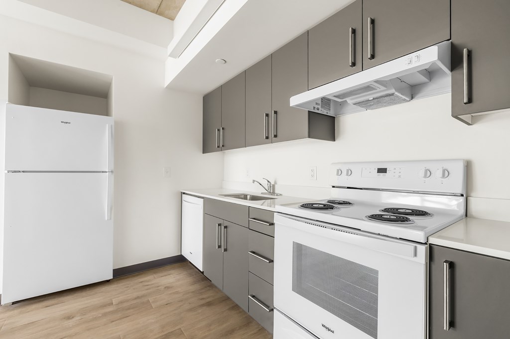 A white fridge and stove in a modern kitchen.