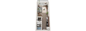 an overhead view of a two bedroom apartment with a bathroom and kitchen