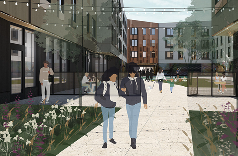 a rendering of two people walking on a sidewalk in front of a building