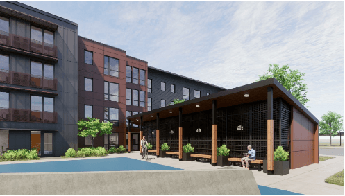 a rendering of the exterior of a building with benches