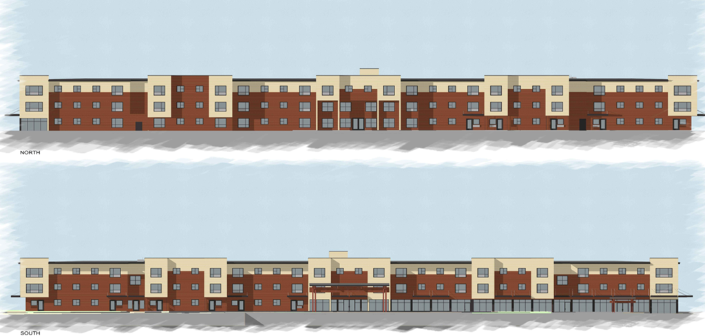 Two identical images of a red brick building with white trim and windows are shown side by side.