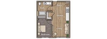 A floor plan of a small apartment with a living room, bedroom, kitchen, and bathroom.