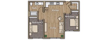 A floor plan of a house with two bedrooms, a living room, a kitchen, a bathroom, and a closet.