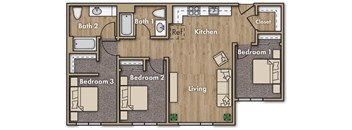 A floor plan of a house with three bedrooms, a living room, a kitchen, a bathroom, and a closet.