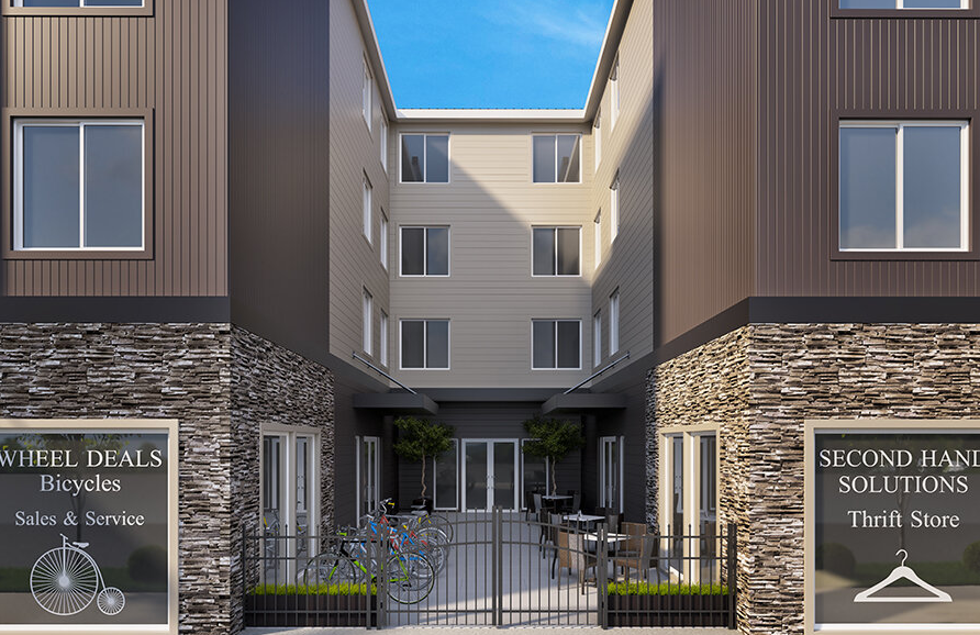 A modern building with a sign for Second Hand Solutions Thrift Store.