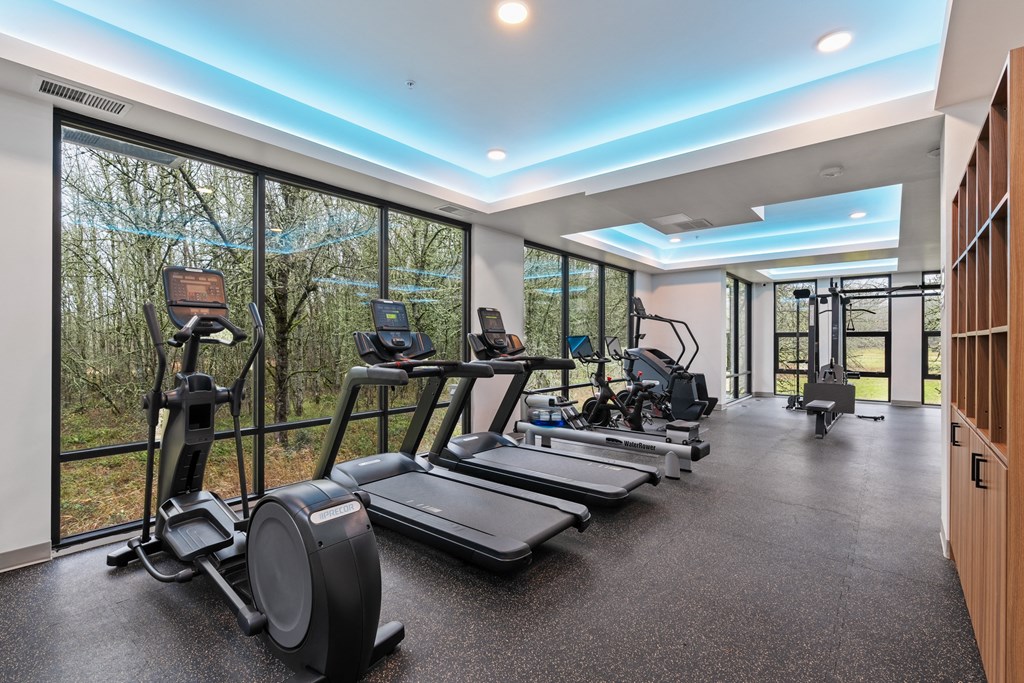 a gym with cardio equipment and windows with a view of the woods