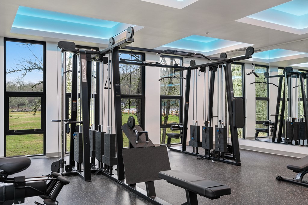 a gym with exercise equipment and windows in a building