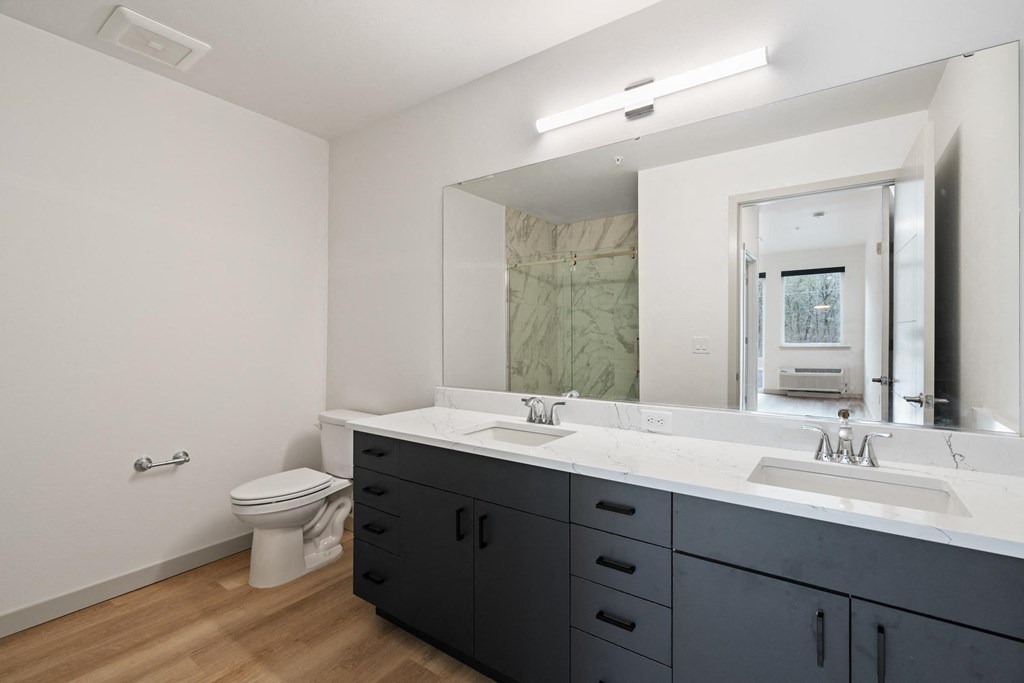 a bathroom with two sinks and a toilet and a large mirror