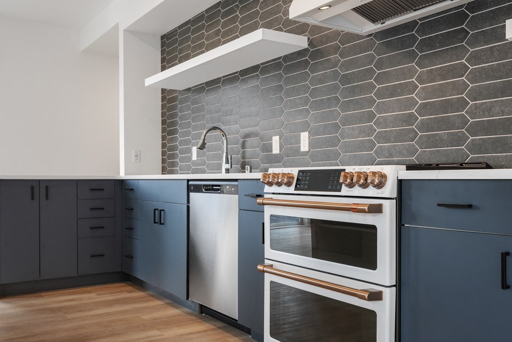 a kitchen with blue cabinets and a stainless steel oven and sink