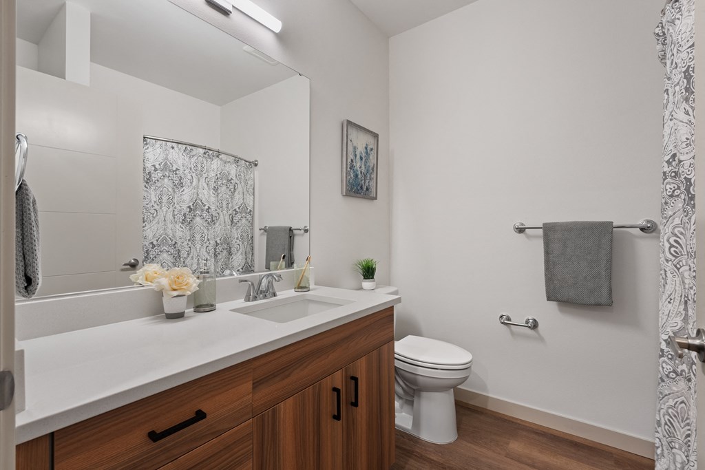 a bathroom with a large mirror and a sink and a toilet