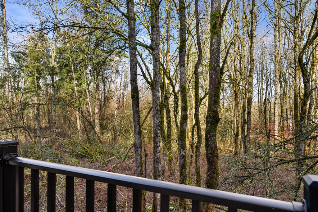 a view of the woods from a wooden deck