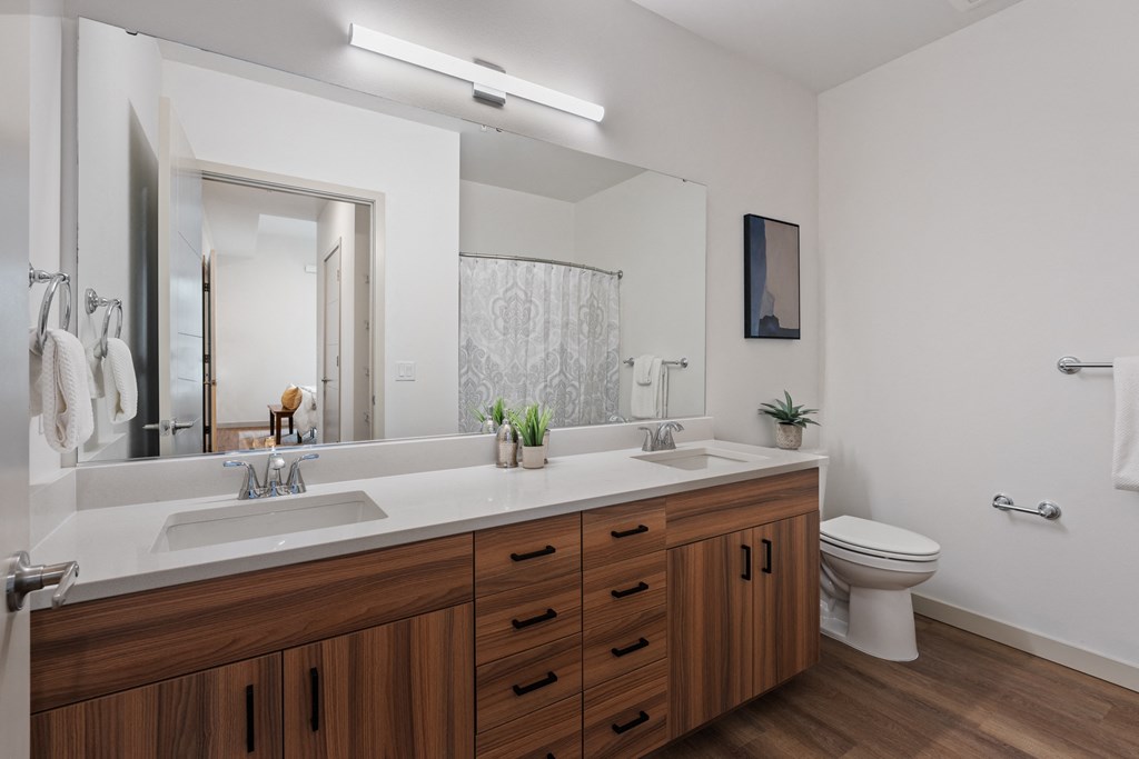 a bathroom with a large mirror and a sink and a toilet