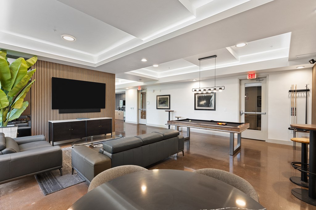 a game room with a pool table and a tv