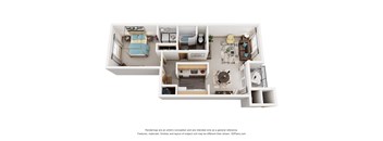 A 3D floor plan of a small apartment with a kitchen, living room, and bedroom.