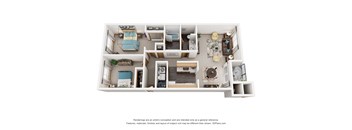 A 3D floor plan of a small apartment with a kitchen, living room, and bedroom.